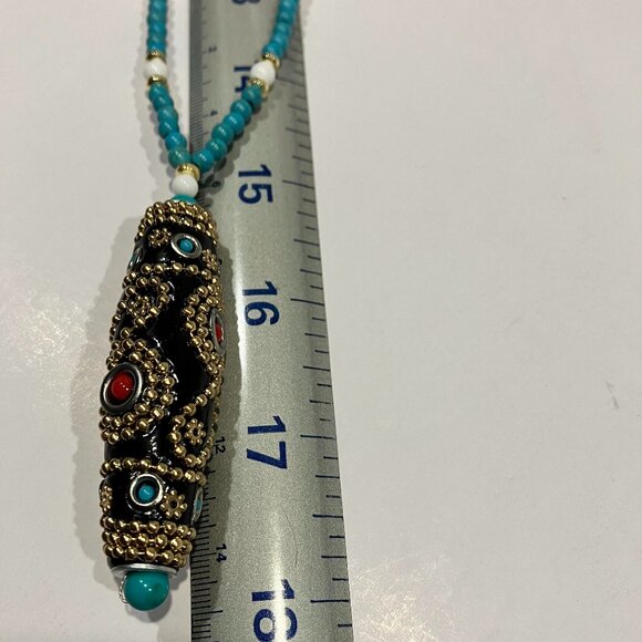 Indonesia Handmade Pendant Necklace Turquoise with white & golden spacers - Picture 7 of 11